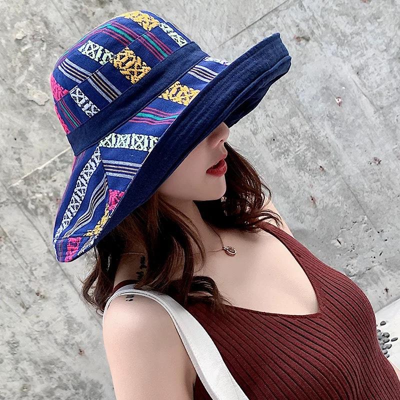 Ethnic style double-sided bucket hat women's big edge Internet celebrity versatile summer hat women's sun protection hat sun hat spring and autumn