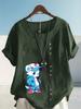 Women's Fashion Blue Bear Print Shot Sleeve T-shirt Loose Cotton Shirt Casual Loose Summer Blouse Tops Plus Size