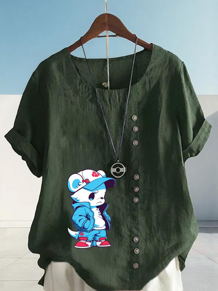 Women's Fashion Blue Bear Print Shot Sleeve T-shirt Loose Cotton Shirt Casual Loose Summer Blouse Tops Plus Size