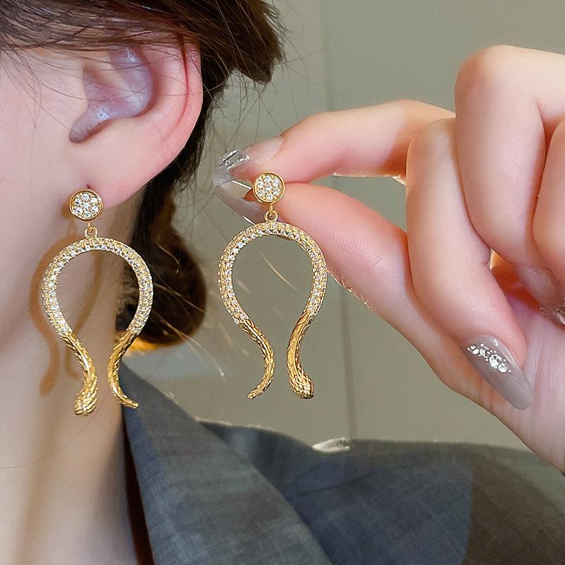 Silver needle zircon curved snake winding stud earrings niche design earrings earrings