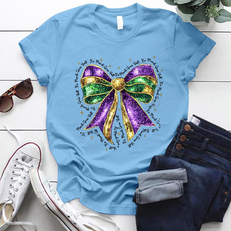 Coquette Bow Mardi Gras Shirt for Women Carnival Glitter Bow Graphic Tee Fat Tuesday Shirt Mardi Gras Party Crew Neck Clothing