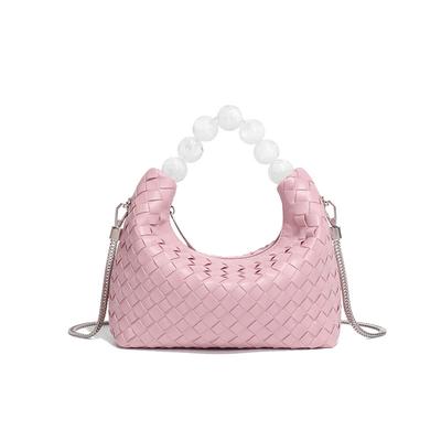 Hochwertige, vollständig handgewebte Lunchbox-Tasche aus weichem Leder für Damen, einfacher Stil, perlenbesetzte Hand-, Schulter- und Umhängetasche