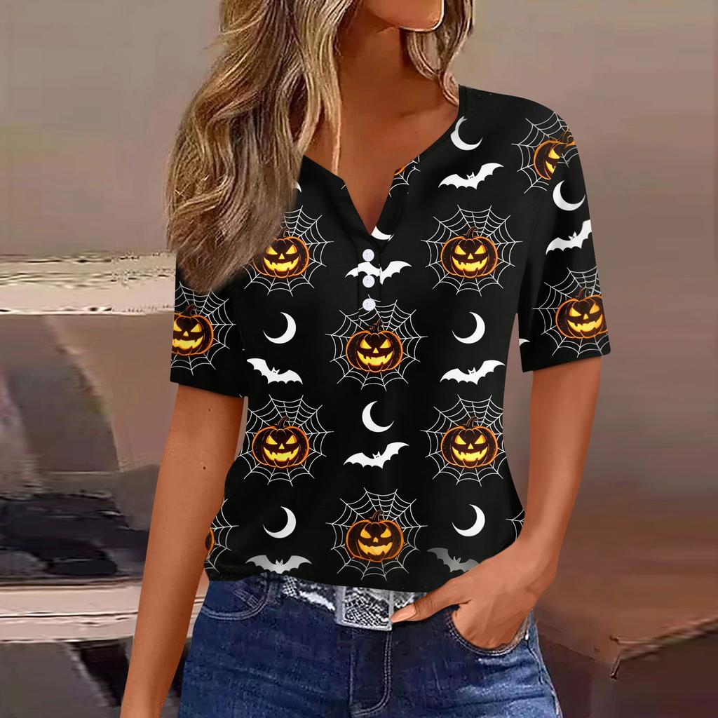 Women Casual Halloween Print V Neck Short Sleeve Button T Shirt Top Lightweight Breathable Soft Fabric Relaxed Fit