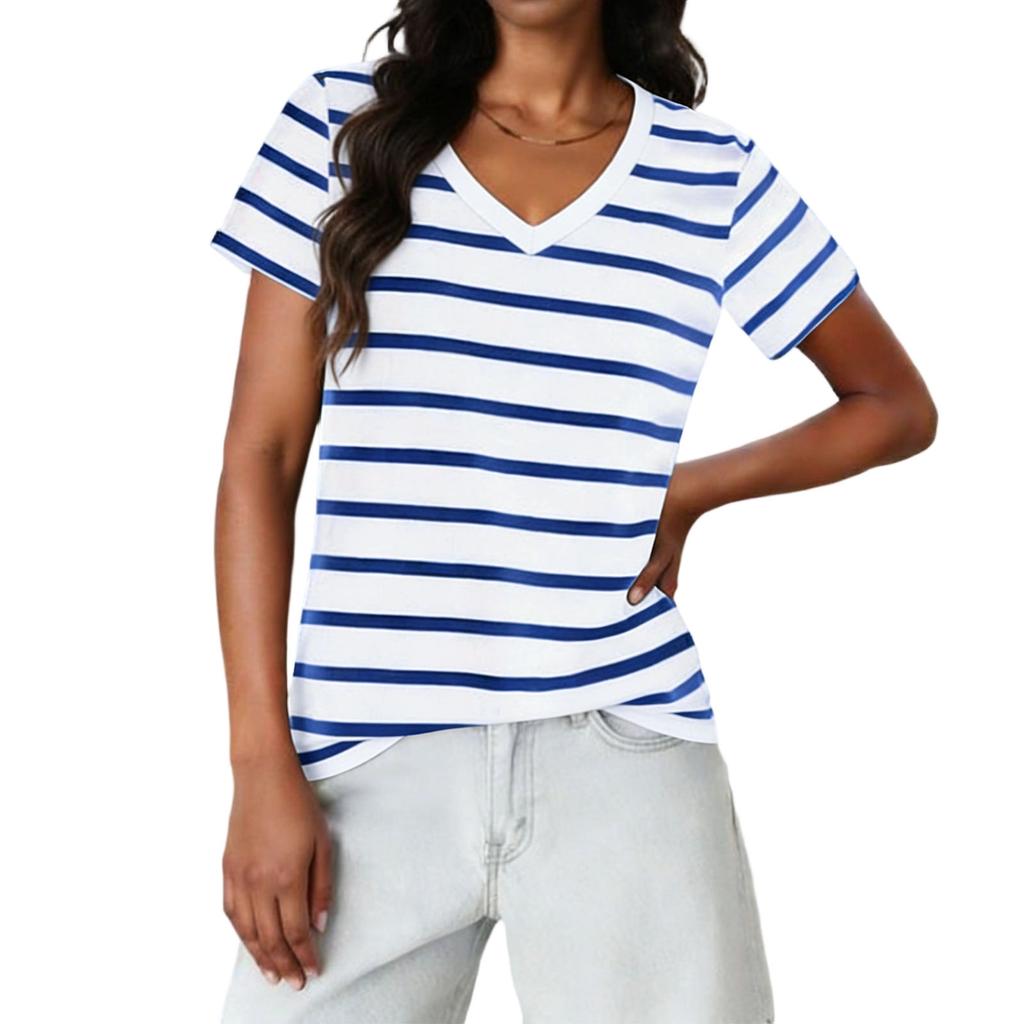 Ladies' Casual Fashion Striped Printed Short Sleeved Shirt