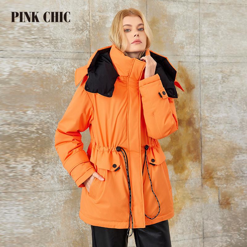 RÓŻOWY SZYK 2023 Nowy Płaszcz Zimowy Kobiety Kurtki Puchowe Moda kolorowy Ciepły Sznurowany z Kapturem krótka wersja Parka Damska W6566M