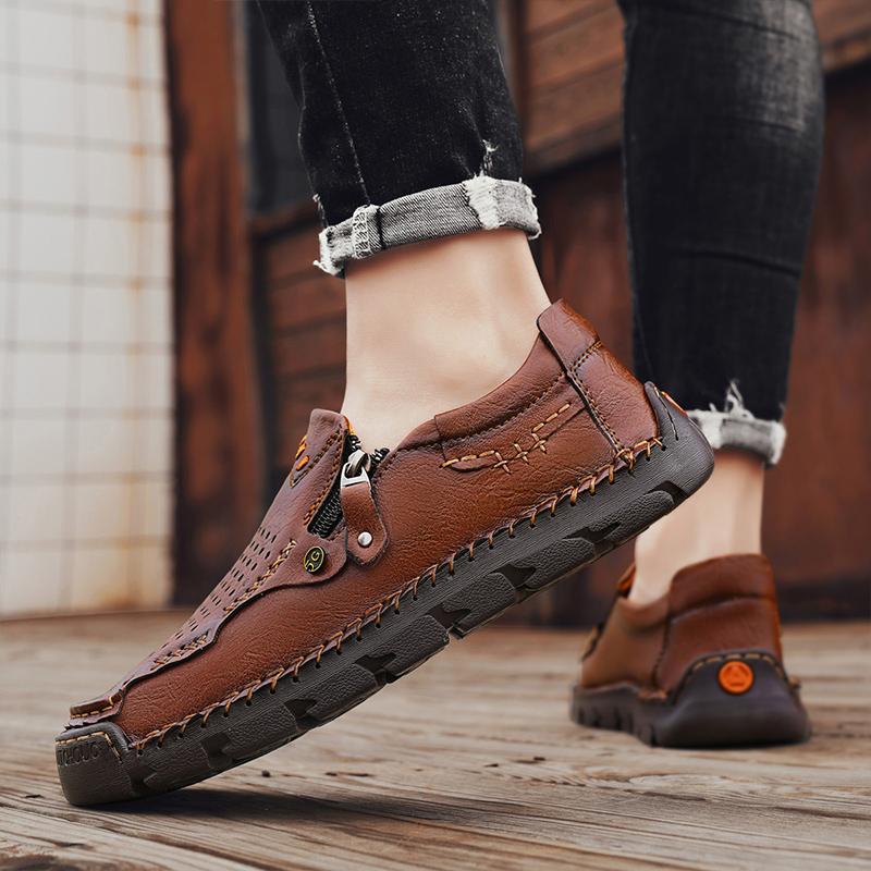 Fashion Handmade Leather Men Shoes Vintage Zipper Design Sneakers Hollow Out Breathable Comfy Casual Leather Mens Outdoor Walking Shoes