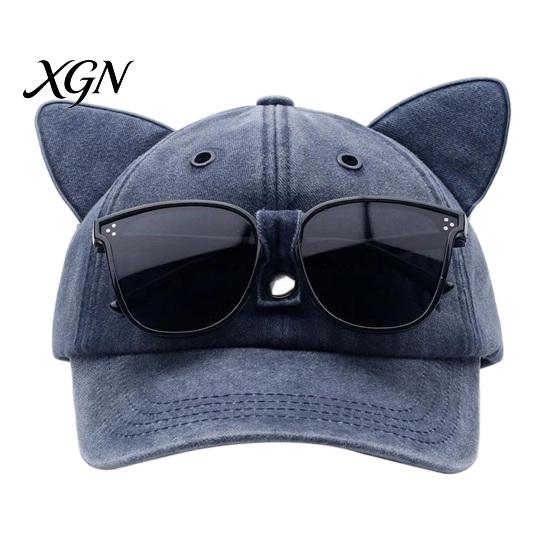 Unisex Hip Hop Cap Cat Ear Trucker Hat, Baseball with Detachable Sunglasses, Fashionable Outdoor Sun Hat Adjustable Pilot Style for Travel UV
