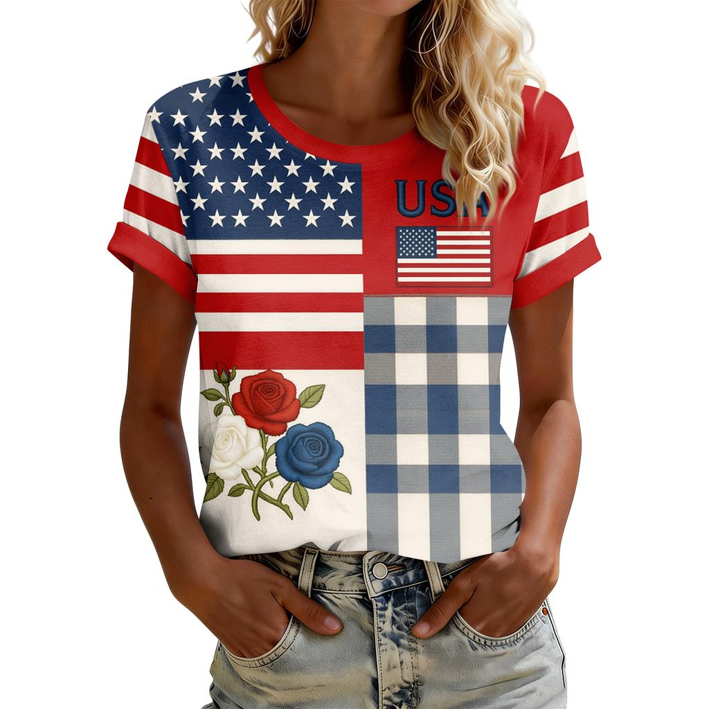 Women's American Floral Patchwork Print Casual T-Shirt 250Th Anniversary USA Shirt Patriotic Tshirt