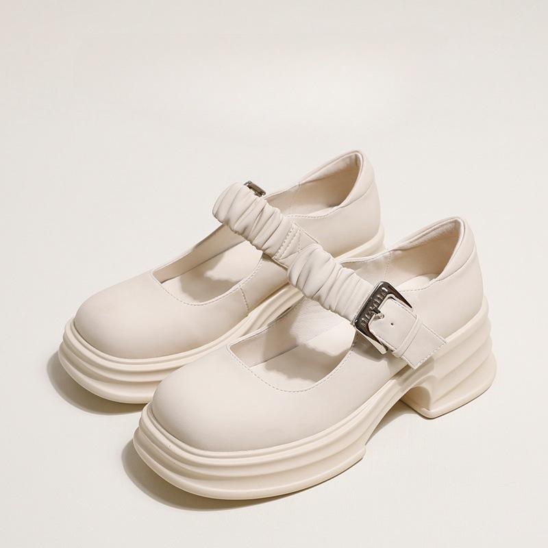 Thick-soled White Mary Jane Shoes Women's 2025 Spring New French Small Leather Shoes Thick Heel Light Mouth Rhinestone Buckle Sandals