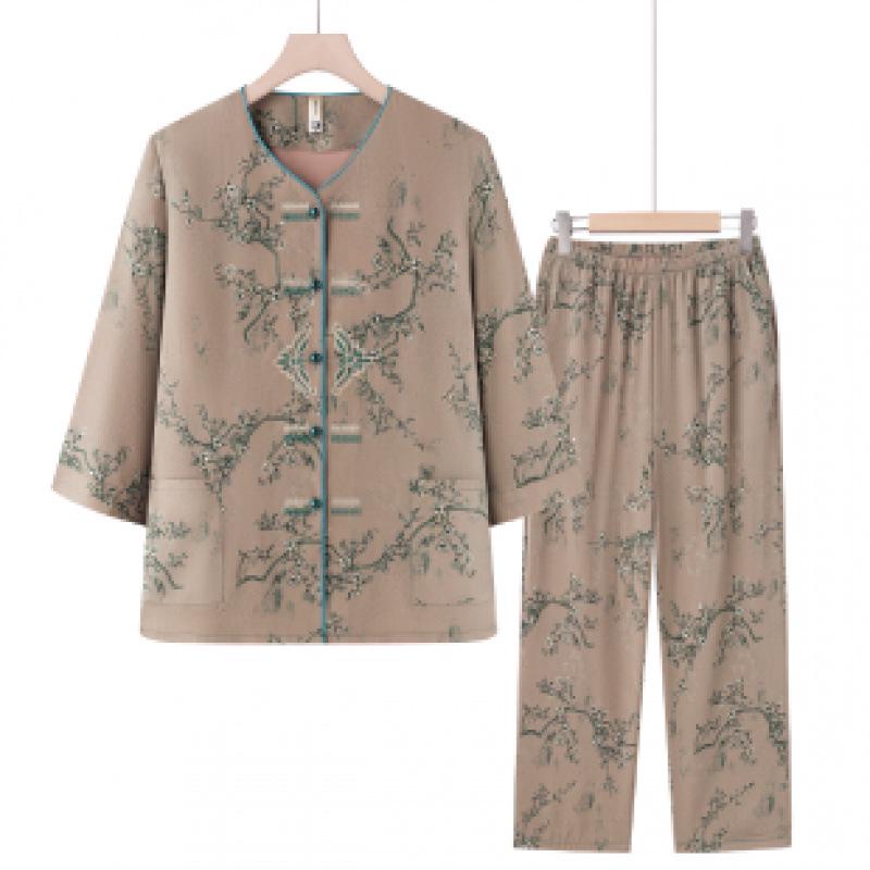

Summer Cotton-Linen Suit for Middle-Aged Women: Stylish Two-Piece National Style Home Wear 5XL зелений