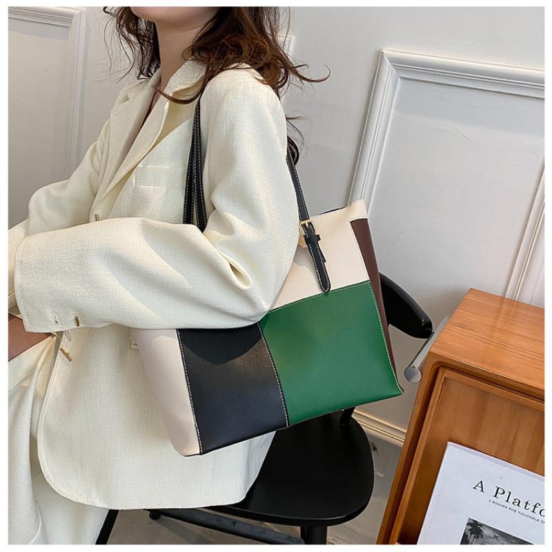 Korean Style Color Blocking Large Capacity Tote Bag Trendy Fashion Shoulder Handbag Casual Shopping Bag for Women CLE