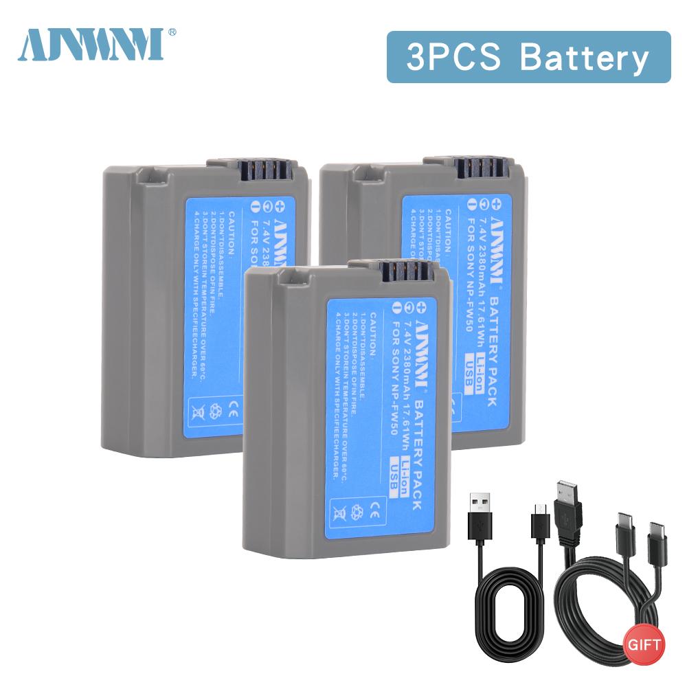 AJNWNM 7.4V 2380mAh USB NP-FW50 NP FW50 NPFW50 Battery for Sony Alpha a 6500a 6300 A6000 A5000 A3000 NEX-3 a7R a7S NEX-7