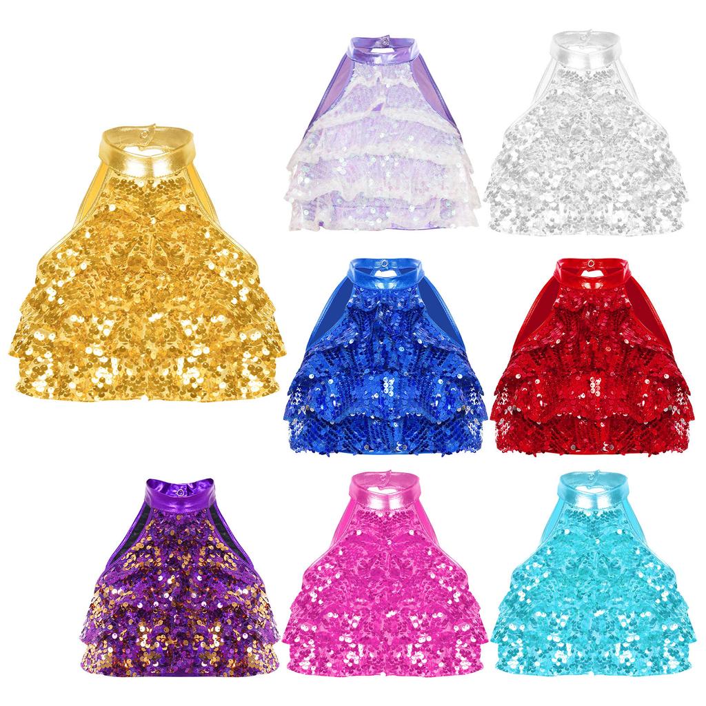 Kids Girls Shiny Sequins Tiered Sleeveless Tank Top Modern Dance Costumes Gymnastic Dancewear
