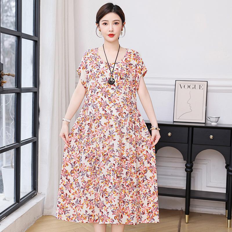 New cotton and silk dress summer large size loose fat mother covering belly and looking thin casual floral long skirt