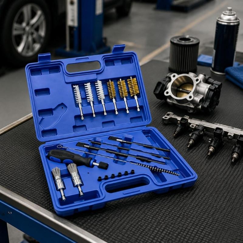 Cylinder Head Recess Cleaning Brush Kit with Slender Access Shafts, Interchangeable Handle, 19 Pieces, and Fitted Storage Compartments