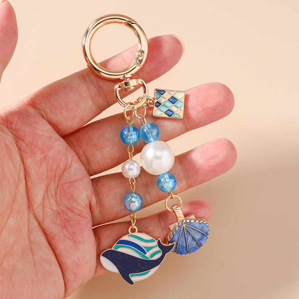 Fashion Enamel Shell Whale Keychain Crystal Pearl Key Ring Pendants for Women Girls Handbag Decor DIY Jewelry Gifts