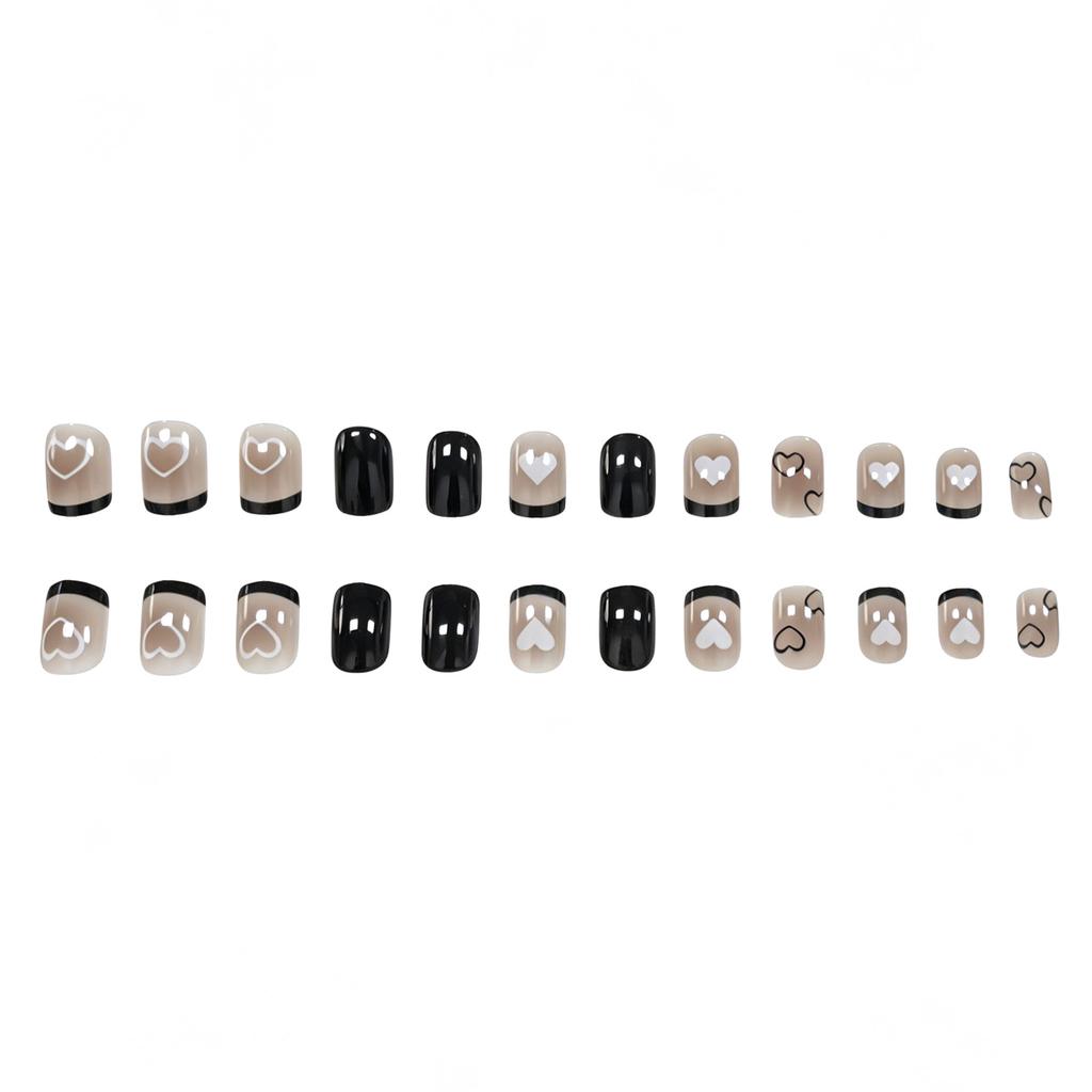 24 Pieces Of Manicure Black French Gray Brown Smudge Love Sweet And Cool Contrasting Color Short Square Wearing Armor