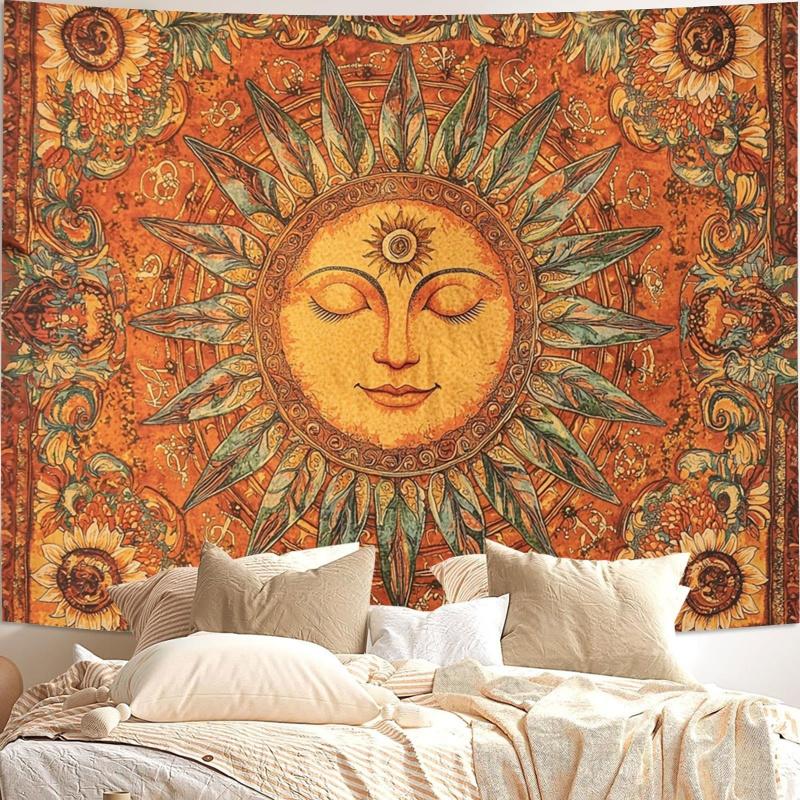 1 piece, 2D flat sun and moon tapestry, vintage bohemian wall hanging with a smiling sun pattern, wsj