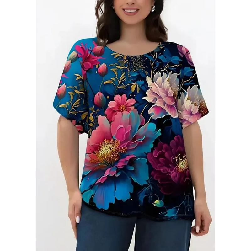 Fashion Women's 3D Flower Color Printing Flower Short Sleeve Crew Neck T-Shirt Crew Neck Short Sleeve