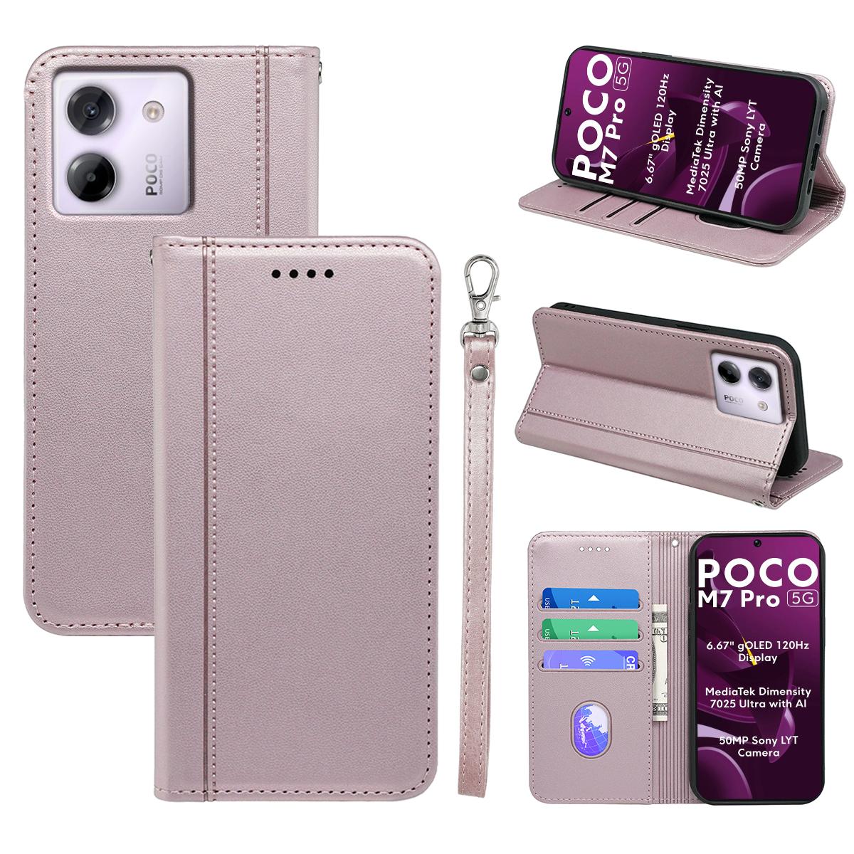 

HX01 For Xiaomi Poco M7 Pro 5G Wallet Case Magnetic Closing PU Leather Phone Cover Rose Gold