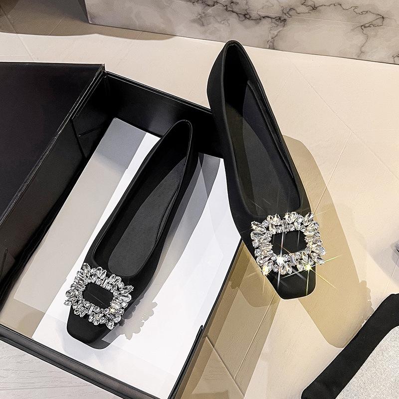 Single shoes new square head shallow mouth soft sole ladyshoes temperament rhinestone square buckle commuter flats