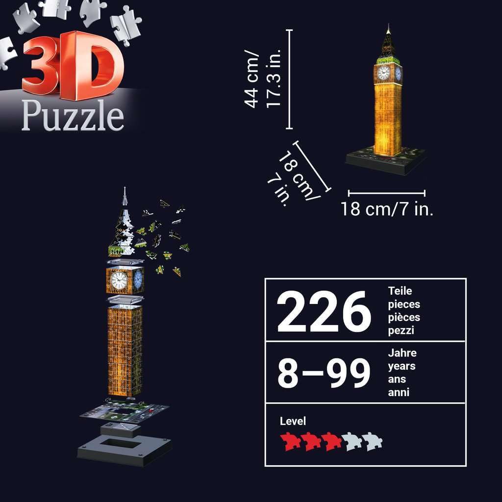 Ravensburger 3D Puzzle Big Ben Night Edition 216 Pieces Finished Height 44cm 12588 3 Recommended 3D Gift Size Age 10+ [Puzzle, Puzzle,