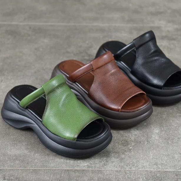 Johnature Lightweight And Thick Soled Genuine Leather Slippers Peep Toe Women's Platform Sandals