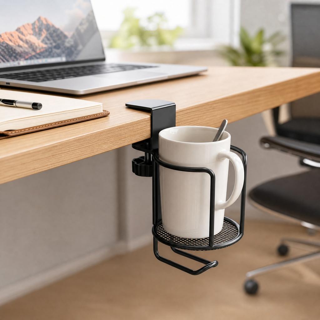 Rotatable Clip-On Cup Holder for Desk Edge Space Saving Water Bottle Organizer Suitable for Home Office Tabletop Use
