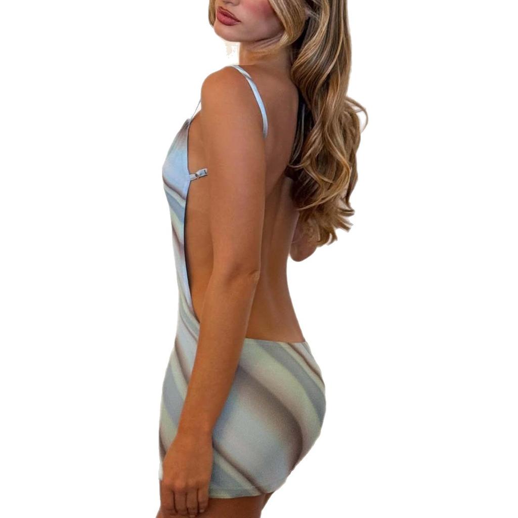 European and American Spice Girls Women's New Pure Desire Sexy Low Chest Backless Color Strip Printed Suspender Dress Women