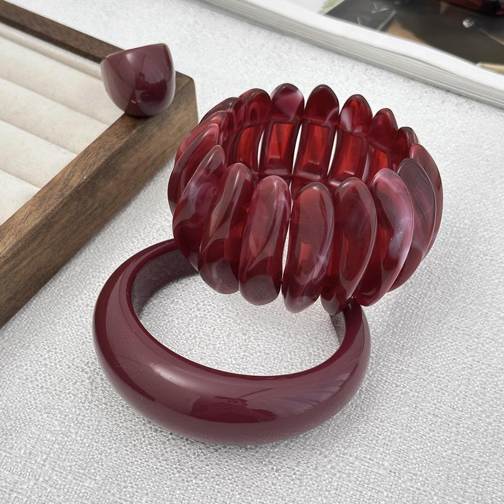 Personality Trend Wine Red Geometric Circular Arc Shape Opening Bangles Wide Smooth Surface Elastic Bracelets for Women Jewelry