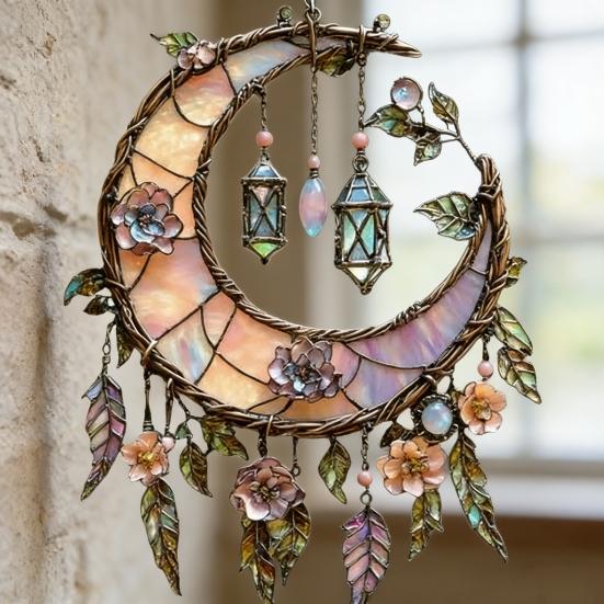 Crescent Moon Floral Acrylic Suncatcher Stained Glass Effect Window Hanging Ornament Boho Sun Catcher Panel for Bedroom Garden Home Decor