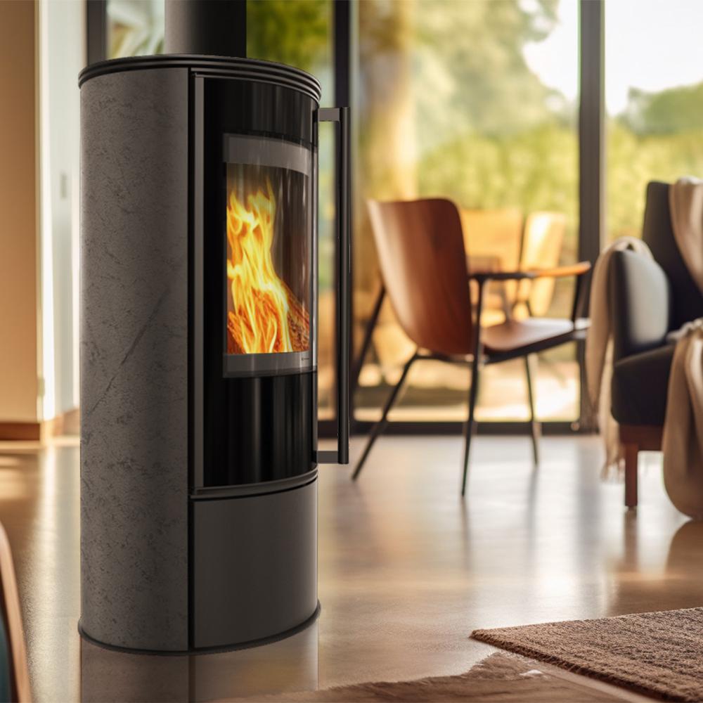 Wood burning steel stove KRATKI ERIK Ø 150 5,5 kW decorative ceramics GRAFITE SATIN black thermotec self closing door