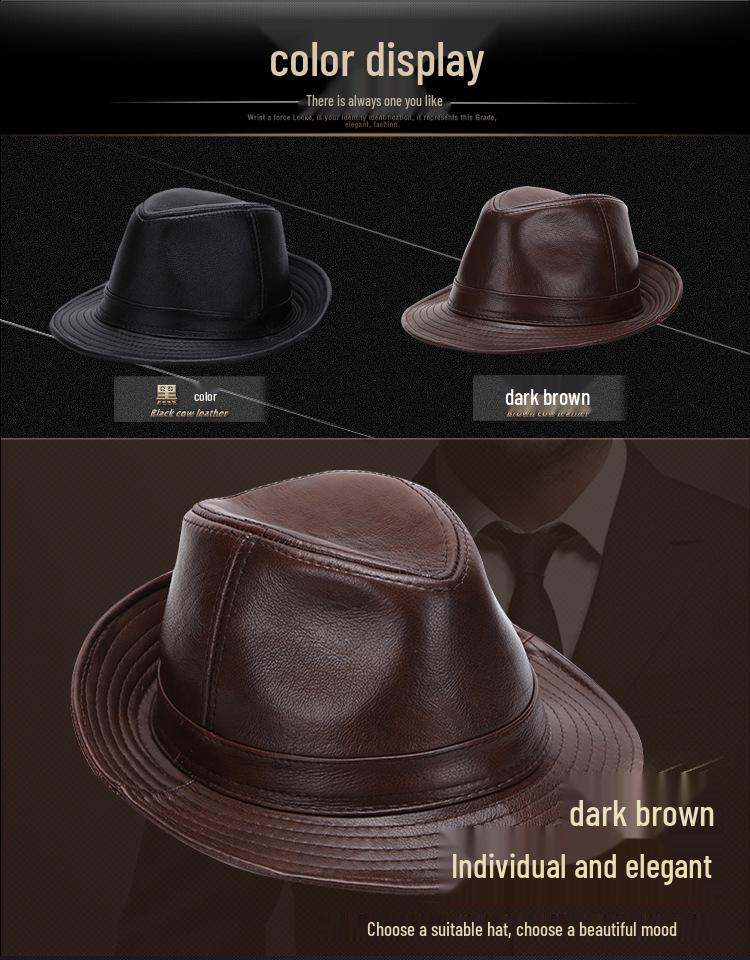 Herren Fedora Hut aus echtem Rindsleder, Herbst/Winter, Britischer Gentleman-Stil für mittlere und ältere Jahre