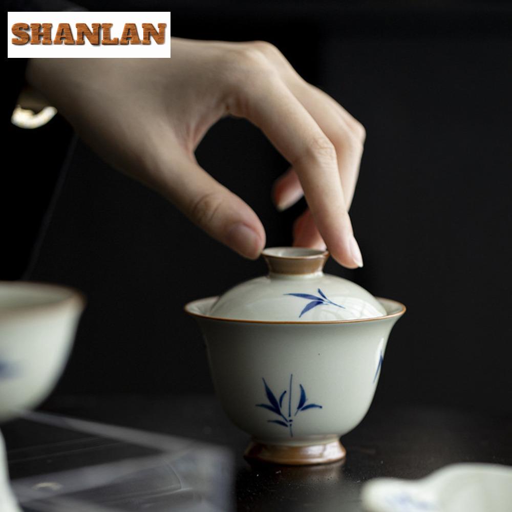 120ml Hand-painted Bamboo Ceramic Gaiwan Antique Clay High Footed Tea Tureen Zen Tea Maker Cover Bowl Chinese Tea Set Craft Gift