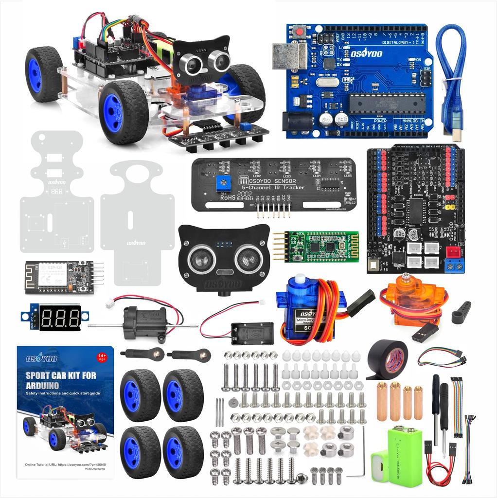OSOYOO Arduino UNO Robot Car Smart Car Kit with Servo Steering DIY and Computer Programming Rack, Kit, Bluetooth, Wi-Fi, IOT, Autodrive, C++,
