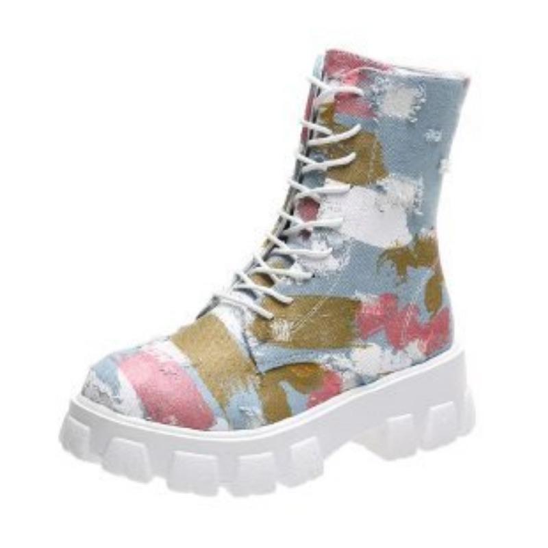 Autumn and winter color side zipper denim flat-bottomed platform short boots women's retro platform muffin bottom Martin boots lace-up