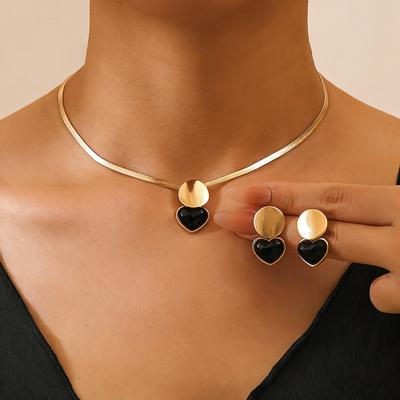 2pcs Set Minimalist Creative Gold Color Circular Heart-shaped Pendant Snake Bone Chain Necklace Earrings for Women  Sets