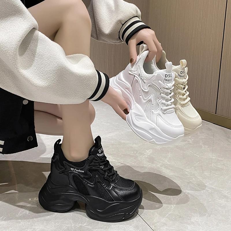 Fashion Women Spring Non-slip Chunky Sneakers Thick Bottom Female Casual Dad Shoe Lace Up 10CM High Platform Vulcanized Shoes Woman