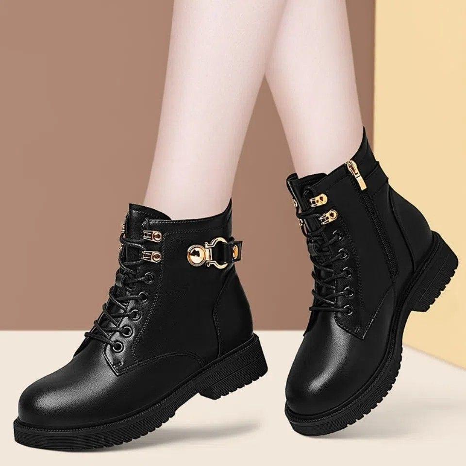 Жіночі черевики-мартінси з м'якої шкіри та бавовни - Новий 2025 корейський стиль, на плюші, захист від холоду, ідеальні для весни, осені та зими.