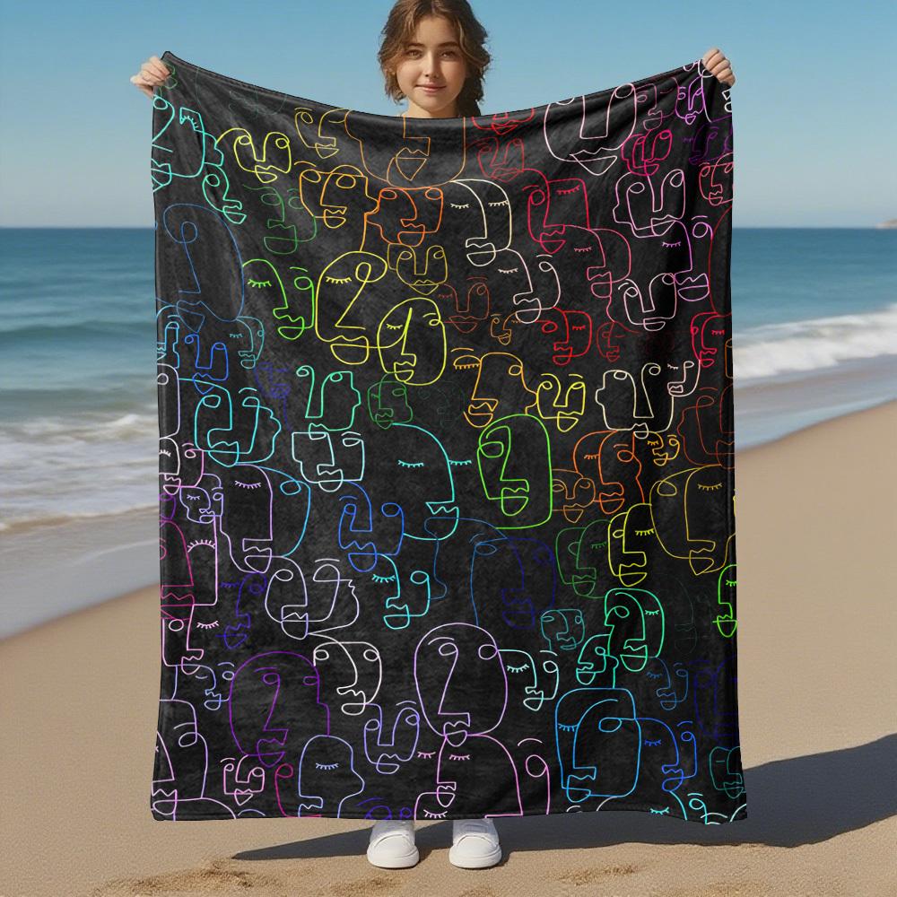 1PC Faces ArtworkOutdoor Flannel Blanket - Soft Plush Decor for Picnics, Camping, Bedroom, Playroom, Office, or Lunch Break 1248A