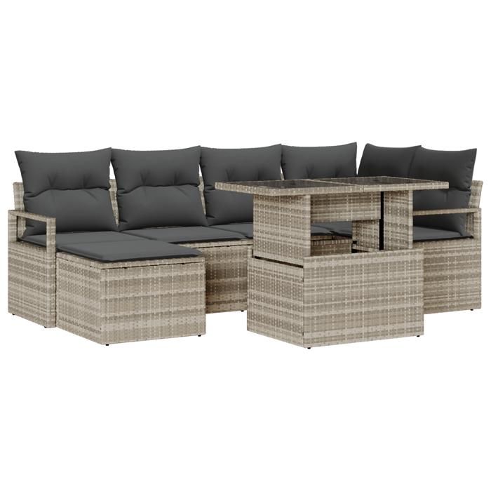 Ensemble de canapé de jardin 7 pièces avec coussins gris clair en rattan poly, Canapé de jardin 2 places avec coussins gris 3348858
