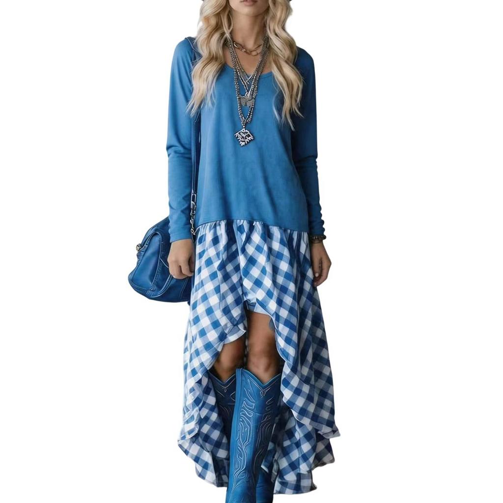 Women's Long Sleeve Bohemian Dress with Plaid Patchwork and Asymmetric Hem for Spring and Fall