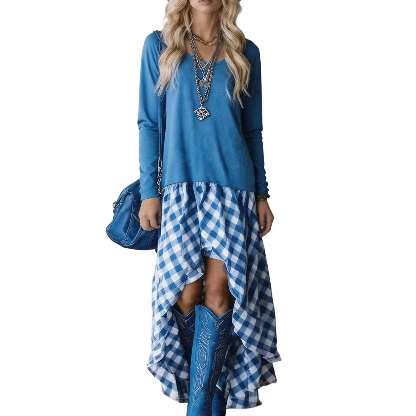 Women s Long Sleeve Bohemian Dress with Plaid Patchwork and Asymmetric Hem for Spring and Fall L