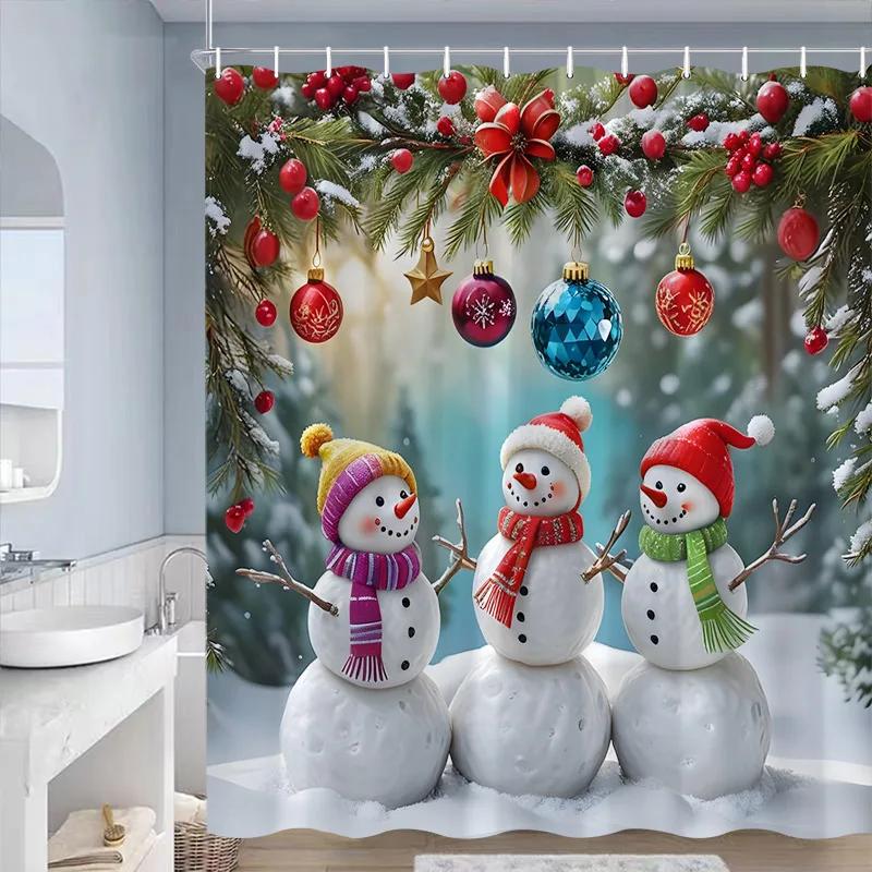 Cute Blue Snowman Christmas Shower Curtains Xmas Gift Winter Forest Cedar Nature Scenery Home Bathroom Decor Bath Curtain Set