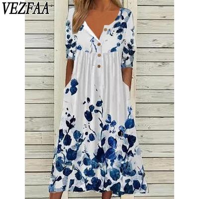 Women's Fashion Summer Spring Flower Pattern Print Short Sleeve V-Neck Middle Waistline Casual Dresses