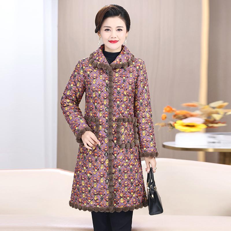 Velvet-Enhanced Floral Cotton Quilted Jacket for Middle-Aged & Elderly - Warm Mid-Length Coat for Autumn/Winter.