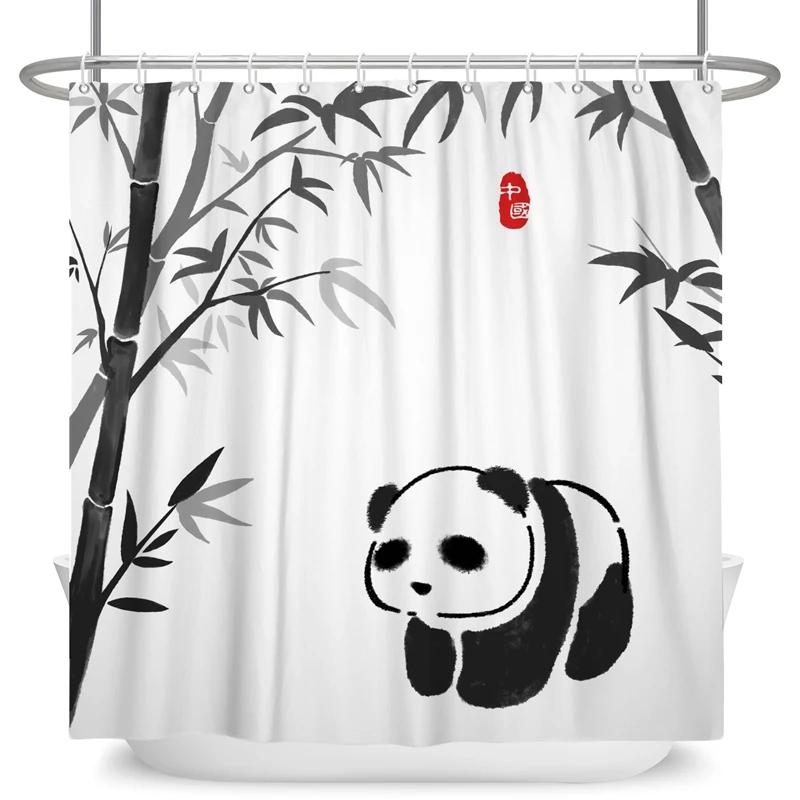 Funny Panda Shower Curtain Cute Pattern Waterproof Polyester Shower Curtain Baby Room Decor Bathtub Curtain Textured With Hooks