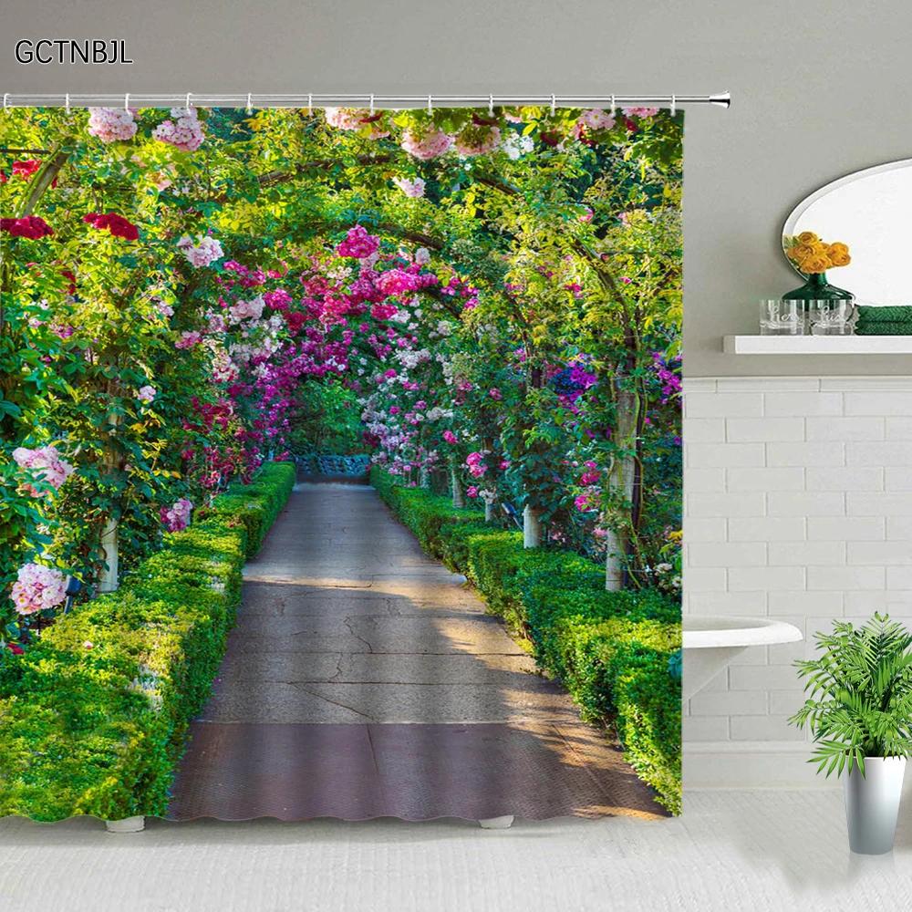 Park Garden Tree Flower Pond Nature Landscape Shower Curtain Bathroom Polyester Waterproof Fabric Curtains Home Bathtub Decor