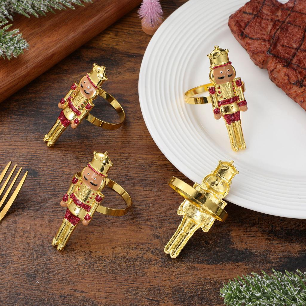 4Pcs Nutcracker Shaped Napkin Ring Alloy Christmas Napkin Holder Table Decoration for Holiday Party Wedding Thanksgiving Dinner