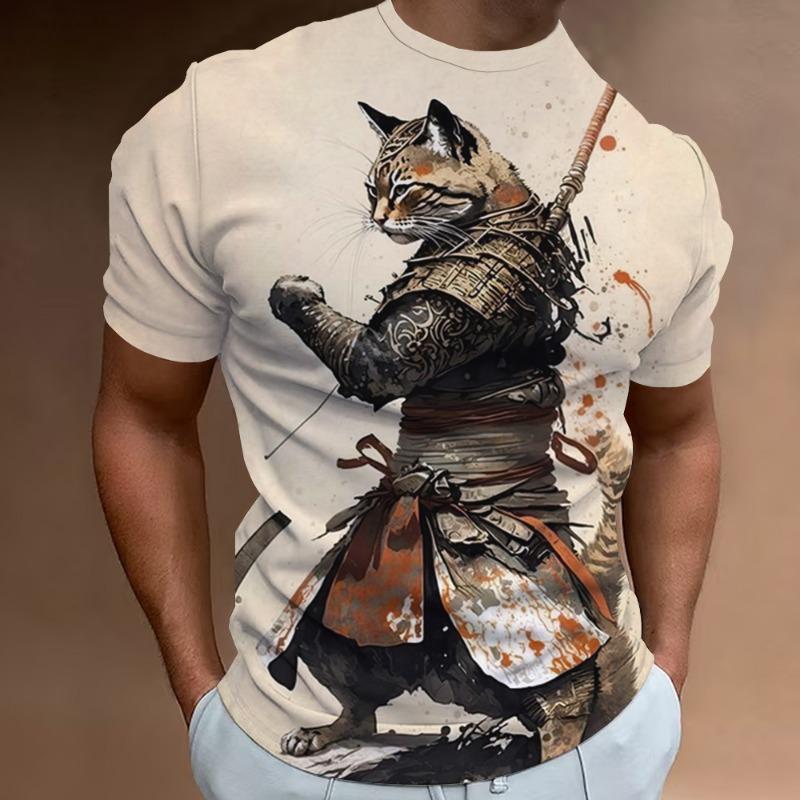 New Retro Men's T-Shirt 3d Samurai Cat Print Short Sleeve T-Shirt For Men Fashion Oversized Man Clothes
